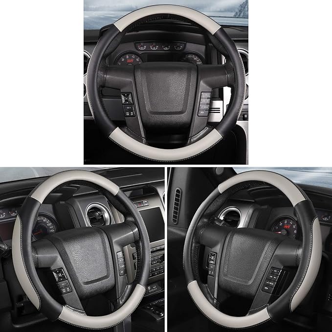Car Steering Wheel Cover Large Size for F150 F250 F350 Ram 4Runner Tacoma Tundra Range Rover with 15 1/2 inches-16 inches Outer Diameter, Black and Gray Microfiber Leather