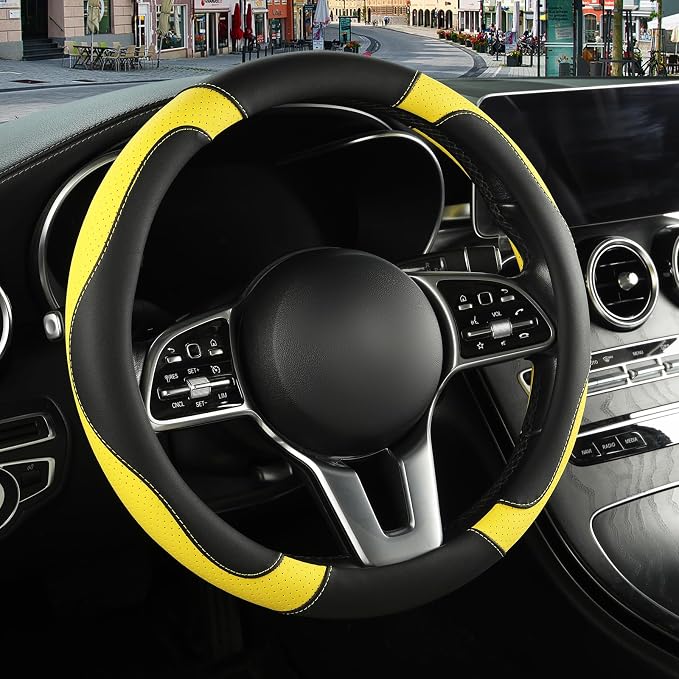Black Yellow Breathable Microfiber Leather Steering Wheel Cover | Breathable Anti Slip Grip Cool Sporty Look Glow for Women Men