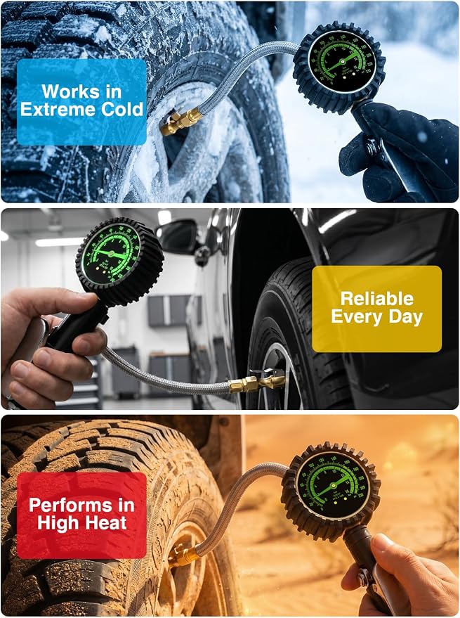 Heavy Duty Tire Pressure Gauge, Tire Inflator Gauge 230PSI Air Chuck Air Compressor Attachments, with Steel Braided Hose, Large 2.6" Glow Dial & Quick Connect Coupler, for Truck/Car/SUV/RV/Bike