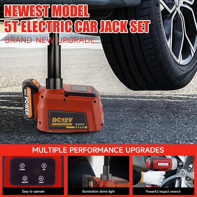 Electric Car Jack 5 Ton Cordless, 12V Battery Hydraulic Floor Jack with Remote Control, Tire Change Kit with Impact Wrench & LED Light, Portable Auto Lifting Tool for Roadside Emergency SUV RV