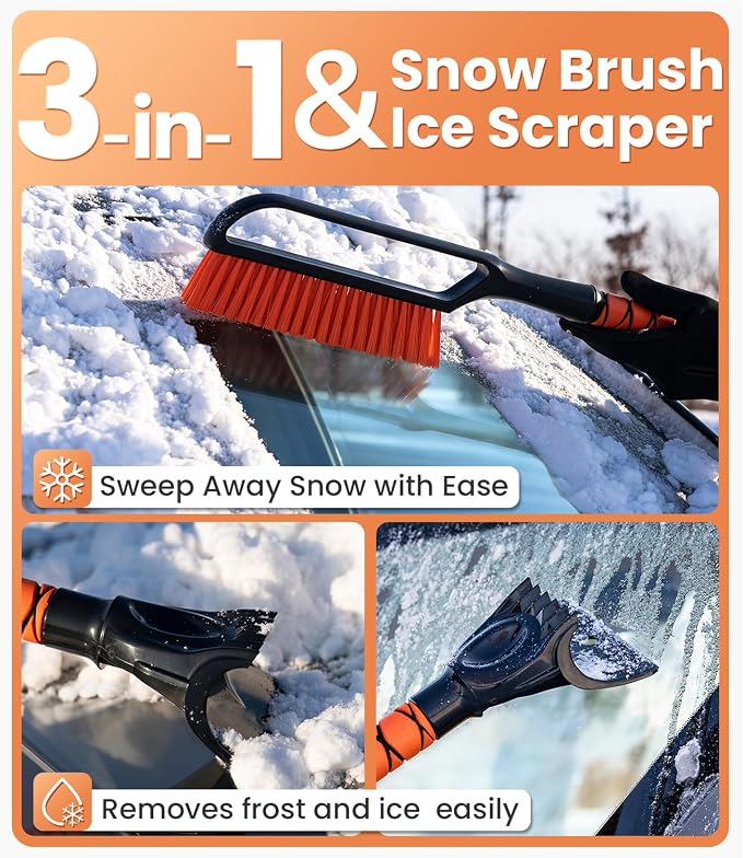 3-in-1 27" Snow Brush and Ice Scraper for Car Windshield [Wider Snow Brush, One-Wipe Clean] Snow Brush for Car with Ergonomic Foam Grip for All Cars,Truck,SUV, Winter Accessories