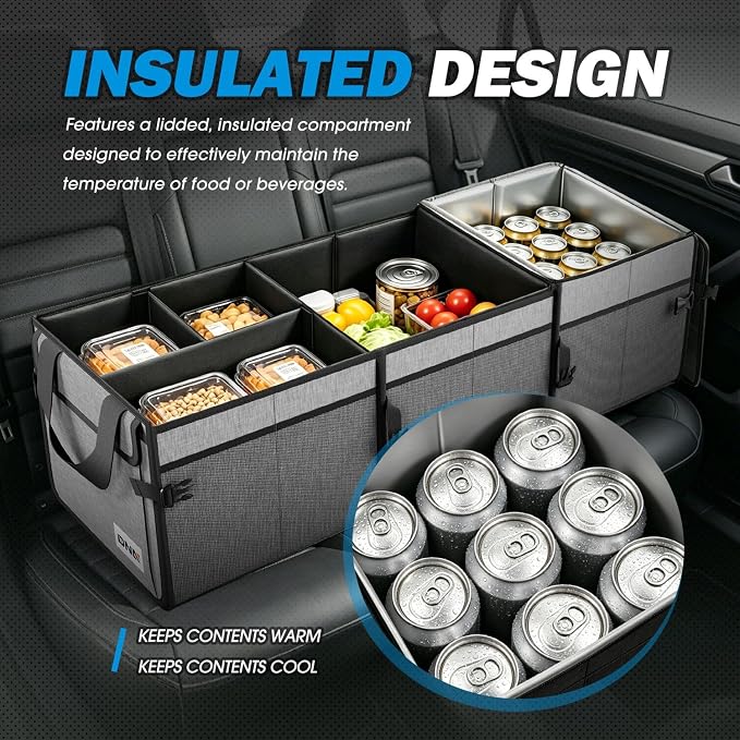 Trunk Organizer for SUV, Large Capacity Car Organizer and Storage with 5 Compartment and 1 Cover, Foldable Trunk Organizer for Car, 90L Grey