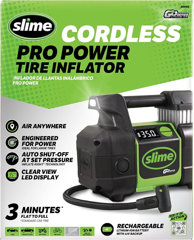 40086 Tire Inflator, Cordless, Pro Power, Portable Air Compressor Pump, Auto Shut-Off, Lithium Ion Battery and LED Light, Rechargeable, 3 min inflation