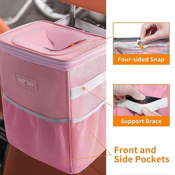 Car Trash Can with Lid and Storage Pockets - 100% Leak-Proof Organizer, Waterproof Garbage Can, Multipurpose Trash Bin for Car, 2 Gallons, Pink