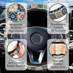 Ethnic Moroccan Floral Flower Steering Wheel Cover with 2 Pcs Car Coasters Neoprene Steering Wheel Cover for Women Men Anti-Slip Breathable Car Accessories Universal 15 Inch Fit Auto Cars Trucks