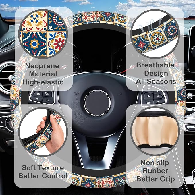 Ethnic Moroccan Floral Flower Steering Wheel Cover with 2 Pcs Car Coasters Neoprene Steering Wheel Cover for Women Men Anti-Slip Breathable Car Accessories Universal 15 Inch Fit Auto Cars Trucks