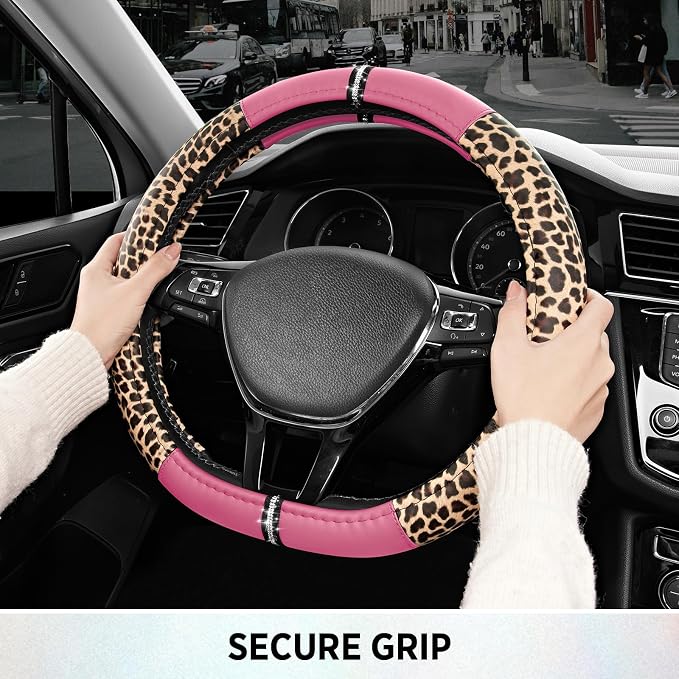 Leopard Steering Wheel Cover for Women, Cute Anti-Slip Microfiber Leather, Fits D Shape Flat Bottom Steering Wheel 14.5-15 Inch - Pink