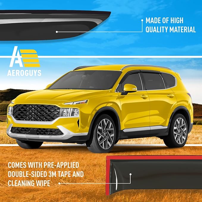 Extra Durable Window Deflectors Tape-On Window Visors Rain Guards Fit for Hyundai Santa Fe 2019-2023, Sun Visors, Wind Vent for Shades, Exterior Car Accessories - 4 pcs. AG0958