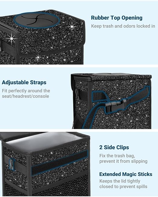 Car Trash Can with Lid, Leakproof Car Trash Bag Hanging Waterproof Automotive Garbage Can with Storage Pockets Mini Vehicle Trash Bin for Back/Front Seat(Sparkly Black,2.5 Gallon)
