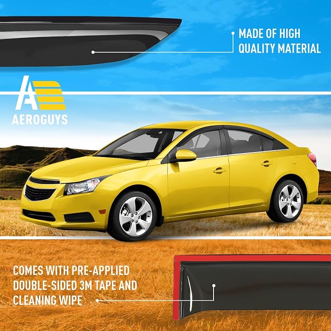 Extra Durable Window Deflectors Tape-On Window Visors Rain Guards Fit for Chevrolet (Chevy) Cruze 2011-2015 Sedan, Sun Visors, Wind Vent for Shades, Exterior Car Accessories - 4pcs. AG0643