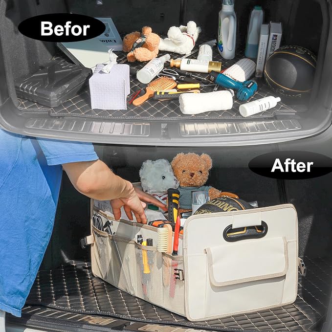 Car Trunk Organizer, Car Organizers and Storage Collapsible Multi Compartment Container Box, Adjustable Car Accessories for SUV Sedan Truck, Large Size, Beige