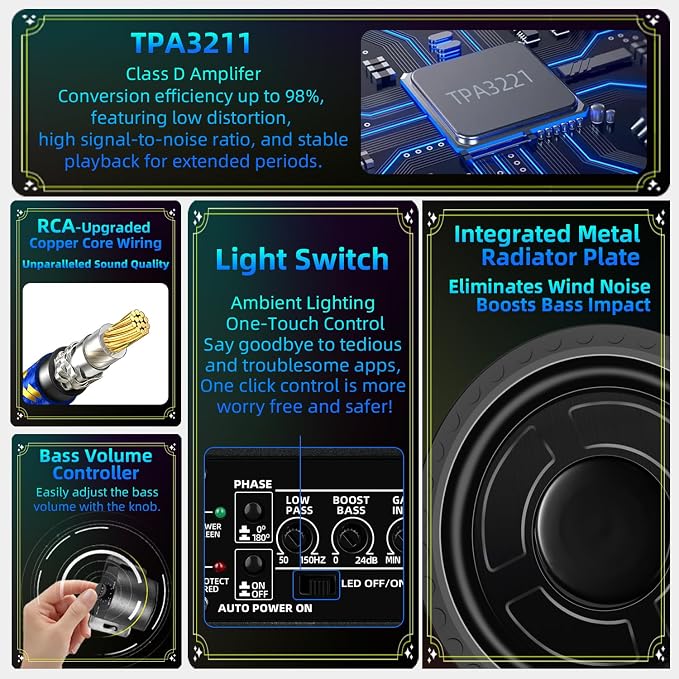 1600W Slim Underseat Subwoofer with Built-in Amp 10 Inch Sub | RGB Ambient Lighting, LPF/Gain/Bass Boost Controls, Individual Controls, Distortion-Free Deep Bass | Universal Fit for All Car