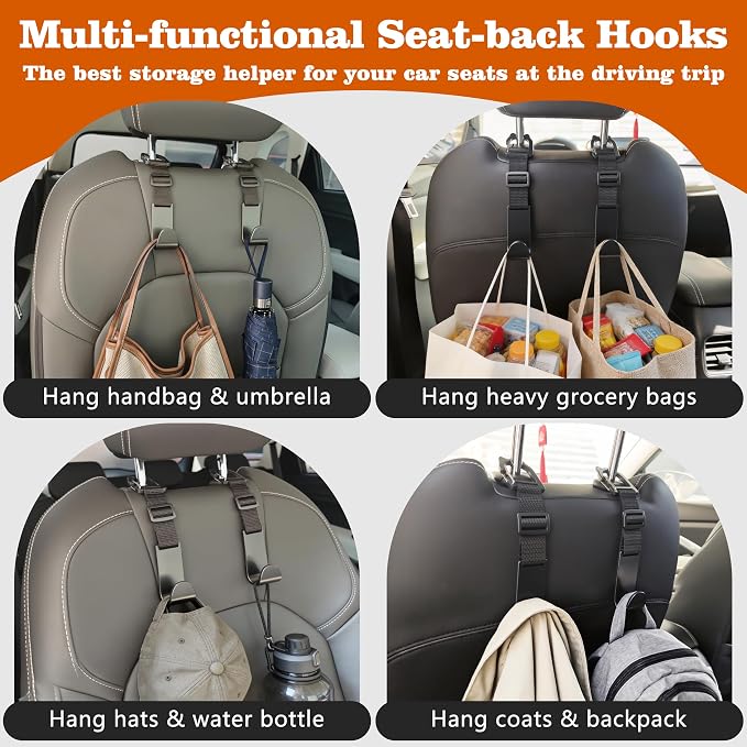 Car Headrest Hooks 4 Pack Adjustable Universal Fit Auto Seat Back Organizer Storage Hanger Purse Bags Holder with Clip Black