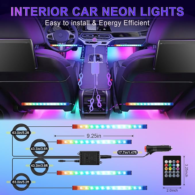 Car Led Interior Lights，4pcs 48 LED Multicolor Music Car Interior Accessories Under Dash Lighting Waterproof Kit with Sound Active Function and Wireless Remote Control, Car Charger Included