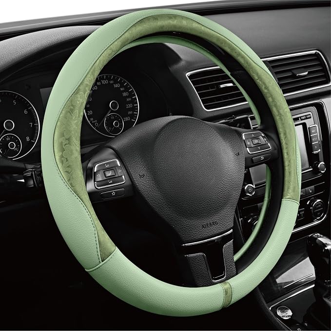 Steering Wheel Cover, Green Patterned Leather Patchwork Design, Universal Fit 14.5"–15.5", Anti-Slip, Odor-Free, Soft PU Grain Leather, Durable Grip Car Accessory for Girls & Women