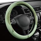 Steering Wheel Cover, Green Patterned Leather Patchwork Design, Universal Fit 14.5"–15.5", Anti-Slip, Odor-Free, Soft PU Grain Leather, Durable Grip Car Accessory for Girls & Women
