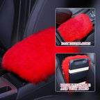 Furry Armrest Cover Auto Center Console Cover Car Soft Console Pad, Real Sheepskin Wool Soft Fluffy Auto Center Armrest Pad for Most Car Decoration Protector(Red)