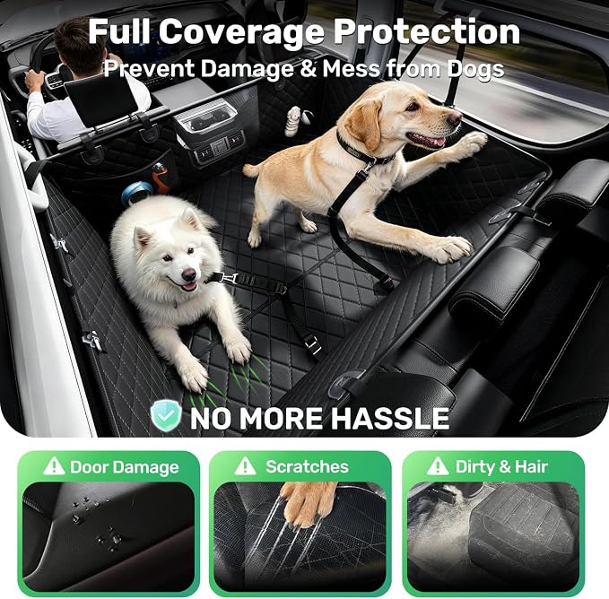 Heavy-Duty Dog Car Seat Cover, Flat Solid Back Seat Extender for Multi Large Dogs, Hard Bottom Supports 450 lb, Waterproof Scratchproof Hammock Protector, Standard for Cars, SUV, Trucks, Black