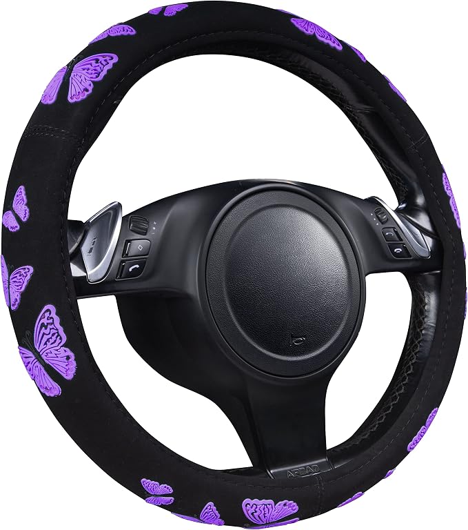 Purple Butterfly Steering Wheel Covers, 14.5" to 15.5" Car Wheel Cover Universal Fit for Suvs, Small Trucks, Sedans, Cars for Cute Women Girly (Black and Purple)