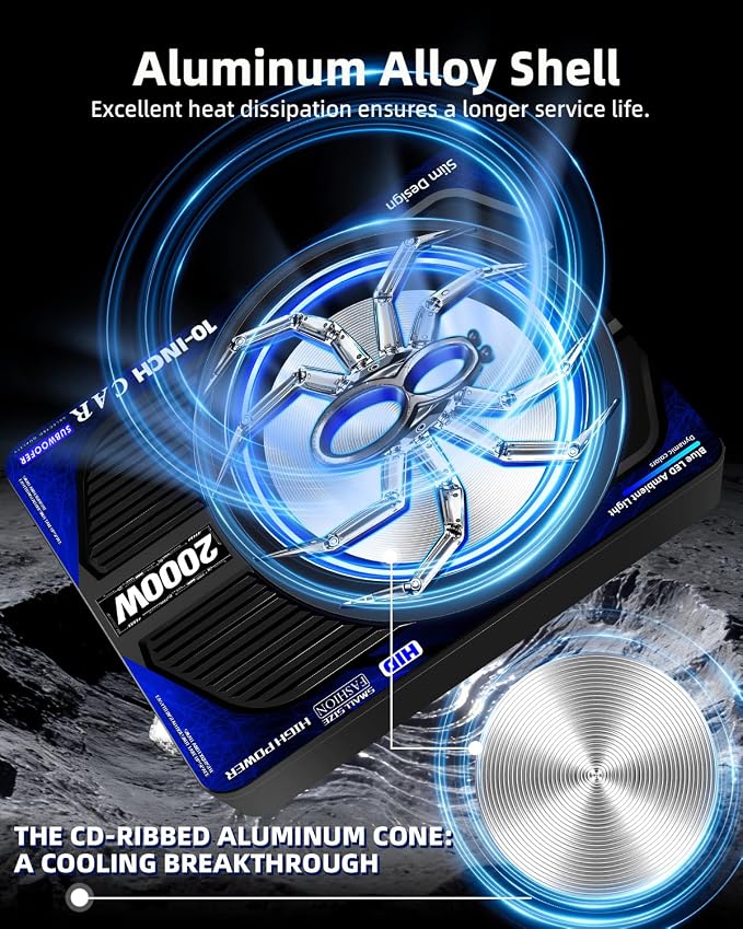 2000W 10 Inch Underseat Car Subwoofer and Amp Package, Slim Powered Under Seat Sub with Built-in Class D Amp and DSP, Blue LED Switch, Low Pass Filter, Bass Boost for Truck SUV