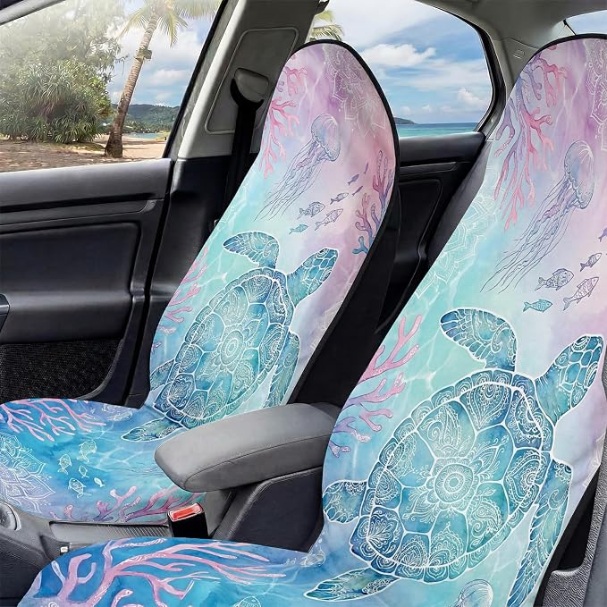 2 Pack Car Seat Towel Covers, Sweat-Proof Microfiber Seat Protectors for Gym, Running, Beach & Workout, Breathable Quick-Dry, Machine Washable, Coral Sea Turtle Print, Universal Fit