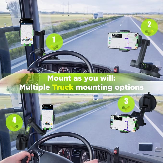Cell Phone Mount for Truck Phone Holder for Truck Drivers - Heavy Duty Suction Cup, iPhone Holder for Dashboard Window 16.9 inch Long, for iPhone & Samsung, Commercial Trucker, Green