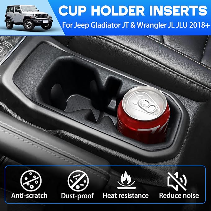 Cup Holder for 2018-2025 2026 Jeep Wrangler JL JLU 4XE/Gladiator JT Accessories Cup Holder Insert Coaster TPE Non-Slip Center Console Drink Holder Organizer Cupholder Liner Pad Interior Black