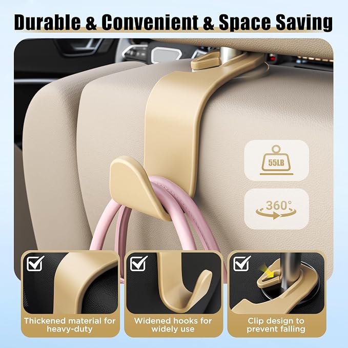 Car Seat Headrest Hook 4 Pack Hanger Storage Organizer Universal for Handbag Purse Coat Universal fit Vehicle Car Beige with Clip