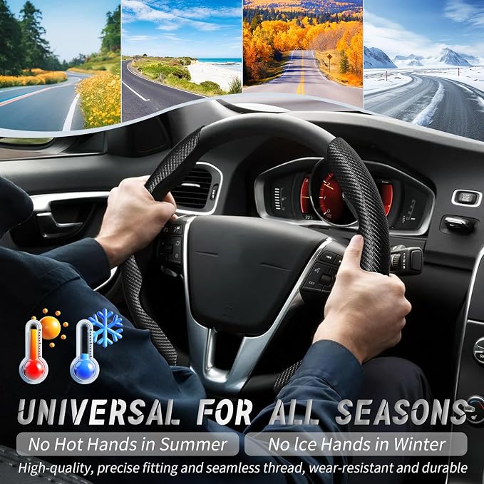 2pcs Car Steering Wheel Cover,Anti-Skid Carbon Fiber Steering Wheel Protector for Men Women,Multiple Color Options,Universal for Most Car Interiors Accessories (Black)