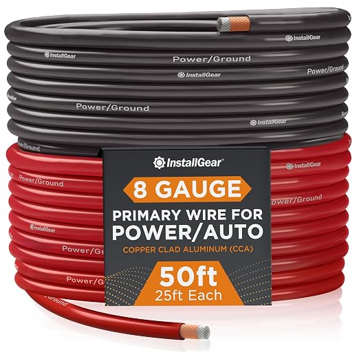 8 Gauge Wire (50ft) Copper Clad Aluminum CAA - Primary Automotive Wire, Car Amplifier Power and Ground Cable, Battery Cable, Car Audio Speaker Stereo, RV Trailer Wiring Welding Cable 8ga