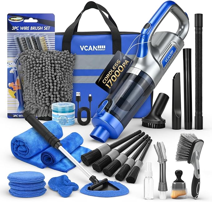 29PCS Car Cleaning Kit Interior Detailing for Men Women（Blue） | 17000PA High Power Handheld Cordless Car Vacuum Rechargeable, Detailing Brush Set, Windshield Cleaner Tool, Tire Brush