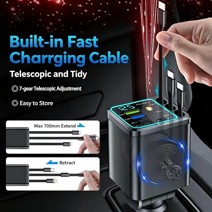 7 in 1 Retractable Car Charger,102W Star Lights Fast Charging Car Charger | Car Charger USB C,Car Accessories,Voltage Smart Display,3 Retractable Cables for iPhone 17 Pro/16/15/14,Galaxy S26,Pixel 10