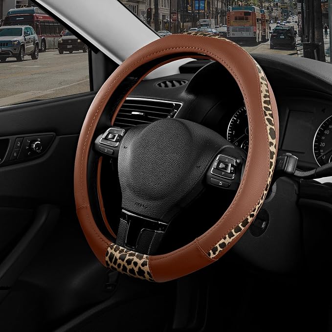 Steering Wheel Cover - Flat Bottom Wheel Cover Made with PVC Leather and Leopard Fabric - Universal Fit for 15-Inch D-Shaped Automotive Steering Wheels (Brown Color)