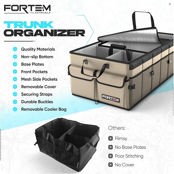 Trunk Organizer with Cooler For SUV Car Trunk, Foldable Storage, Car Accessories for Women Men, Collapsible Bag, 600D Oxford, Non Slip Bottom, Straps, Soft Cover (105L)