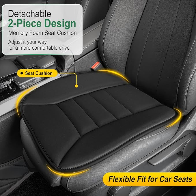 3-Piece Car Seat Cushion Set, 1.2inch Memory Foam Comfort, 2 Front Automotive Seat Cushions + Rear Bench Cushion, Non-Slip Bottom, Fits Sedan SUV Truck Van, Car & Office Chair, Black