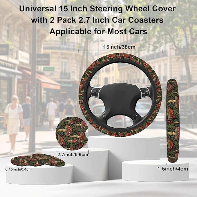 Vintage Mushroom Steering Wheel Cover with 2 Car Coasters,Berry with Leaves Anti-Slip Steering Wheel Cover,Elastic Breathable Car Interior Accessories,Universal 14.5"-15" Fit Auto,SUVs