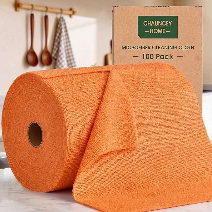 Microfiber Cleaning Cloth Roll–100 Pack, Tear Away Microfiber Towels, Reusable, Washable, Scratch-Free, Kitchen Towels for Car, Home, Kitchen, Glass, Dishes(Honey Orange)