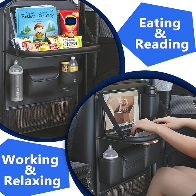 2-Pack Backseat Car Organizer with Tray – 21"x17" Premium PU Leather Kick Mats with Tray, Hanging Car Seat Back Protector & Storage for Tablet, Snacks, Diapers – Universal Fit for SUV, Truck (Black)