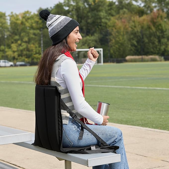 Heated Stadium Seat, Foldable, Lightweight with Carrying Strap, Foam Cushion for Comfort, Adjustable, Back Support, Multi-Functional Use As Stadium Seat or Seat Pad, Black Dyed Solid