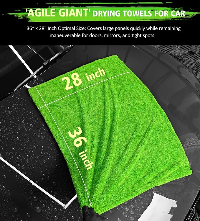 Complete Drying Towel Set, 3-Pack Microfiber Towels (28"x36" & 16"x16" Drying & Waffle Weave), 1400 GSM Ultra Absorbent, Streak-Free Car Detailing Towels for Bulk Water, Final Polish & Glass