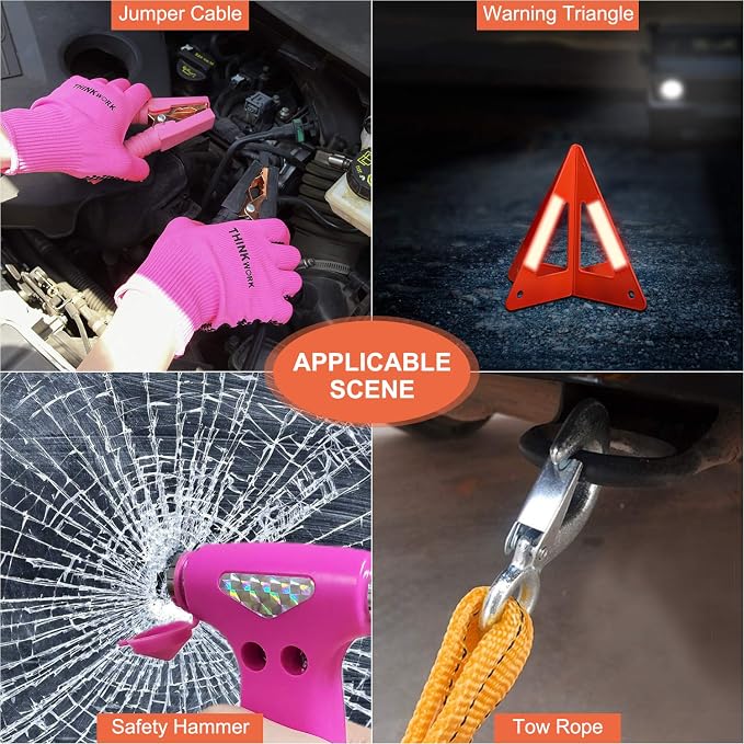 Car Emergency Kit for Teen Girl and Lady's Gifts, Pink Emergency Roadside Assistance kit with 10FT Jumper, First Aid Kit, Safety Hammer, Tow Rope, and More Ideal Pink Car Accessories Tool