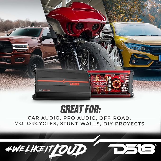 SXE-4000.4D/BK Car Amplifier Stereo Full-Range Class D 4-Channel 275x4 RMS @4 OHM 4000 Watts - Powerful and Compact Amp for Speakers in Car Audio System