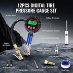 12PCS Digital Tire Pressure Gauge with Inflator, 250 PSI, Heavy Duty Air Compressor Attachments with Storage Bag, Tire Gauge with Brass Air Chuck and Rubber Hose for Vehicles and Inflatables