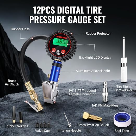12PCS Digital Tire Pressure Gauge with Inflator, 250 PSI, Heavy Duty Air Compressor Attachments with Storage Bag, Tire Gauge with Brass Air Chuck and Rubber Hose for Vehicles and Inflatables