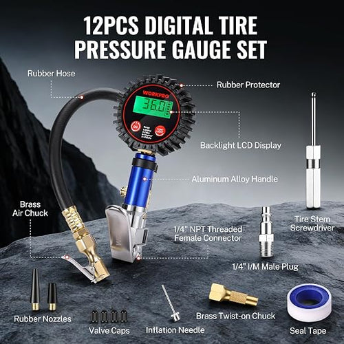 12PCS Digital Tire Pressure Gauge with Inflator, 250 PSI, Heavy Duty Air Compressor Attachments with Storage Bag, Tire Gauge with Brass Air Chuck and Rubber Hose for Vehicles and Inflatables