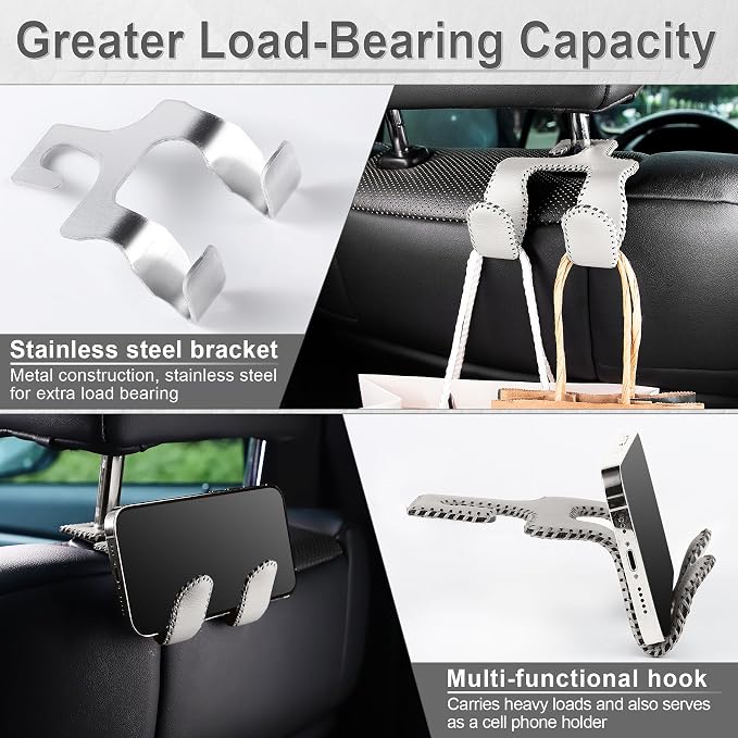 Upgraded Superior Leather Car Seat Back Headrest Hook, 2 in 1 Auto Seat Hook Hangers Holder Organization Interior Accessories for Purses Coats Umbrellas Grocery Bags Handbag (Gray)