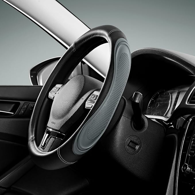 Car Steering Wheel Cover - Microfiber Leather Steering Wheel Wrap Sports 14.5-15 Inch Steering Wheel Cover Non-Slip for Men Women Grey Color