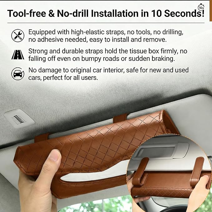 Car Tissue Holder, Car Napkin Holder, PU Leather Auto Visor Tissue Box, Auto Interior Accessories Sun Visor Paper Towel Cover Case Backseat Napkin Organizer for Sedan Truck SUV (Brown)