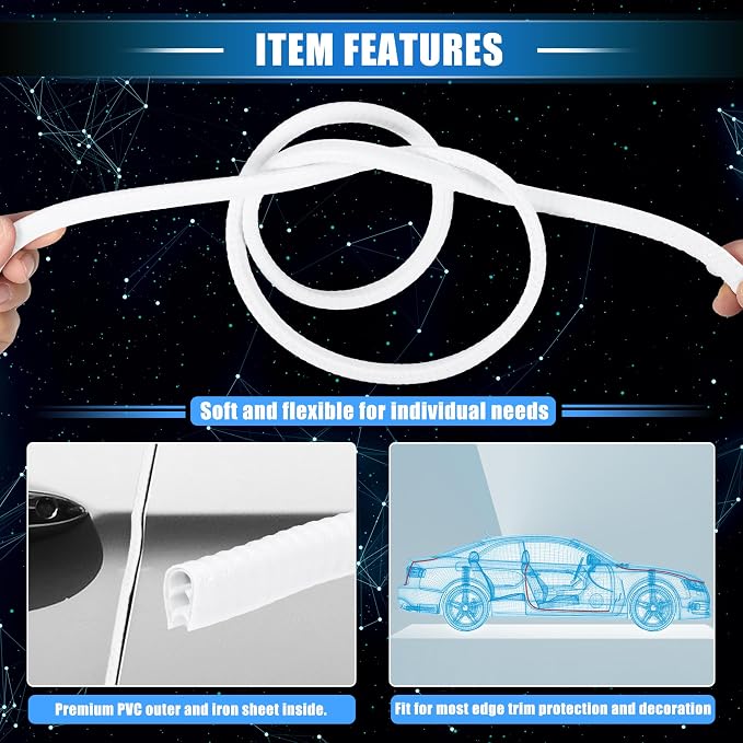 Car Door Edge Guard, 16.4ft U Shape Rubber Edge Trim Seal Strip Protector Universal for Car Truck ATV Boat Multifunctional No Glue PVC Iron White