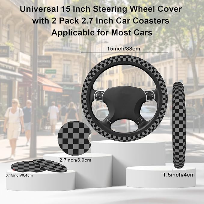 Chessboard Steering Wheel Cover,Black Grey Checkered Universal 15" Elastic Car Steering Wheel Cover with 2 PCS Car Coasters,Anti-Slip Breathable Accessories for Auto,SUVs,Truck